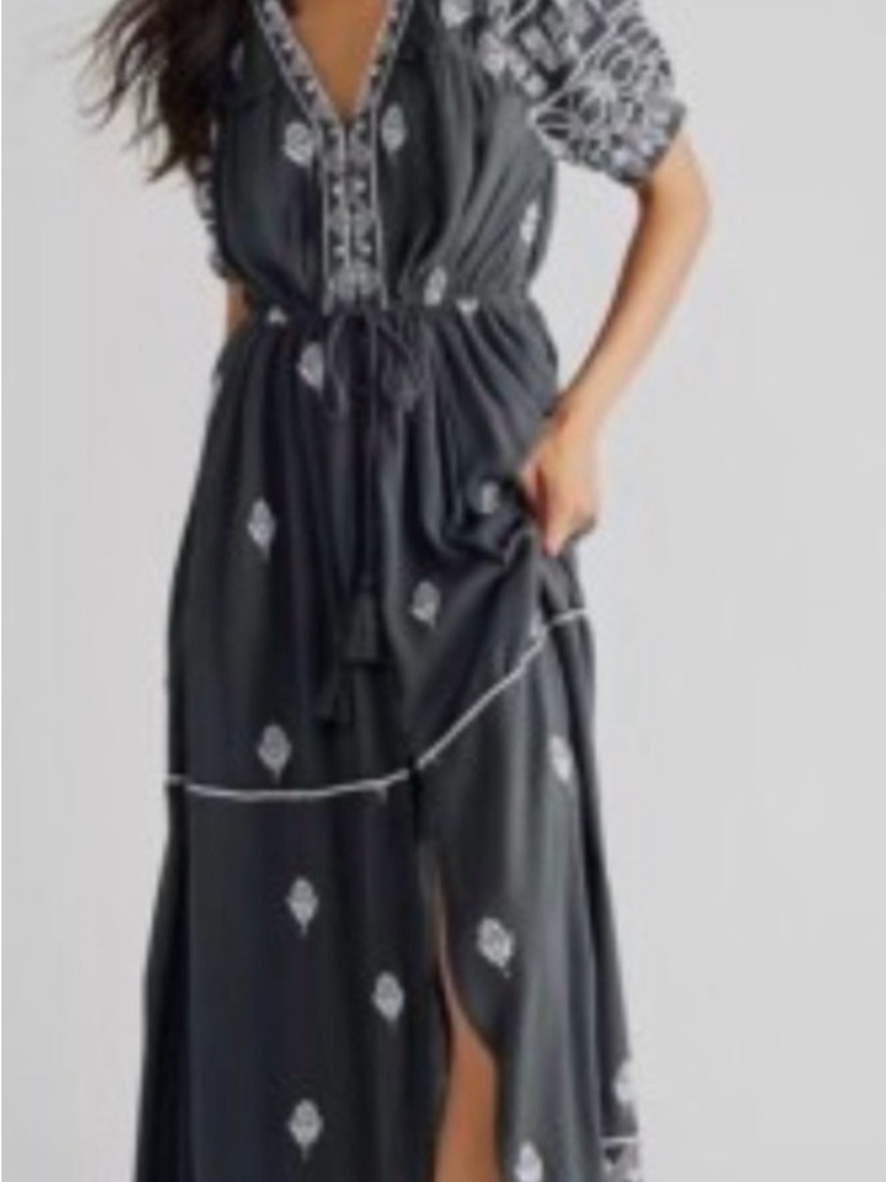 Free People Gray Riley Maxi Dress with White Embroidery